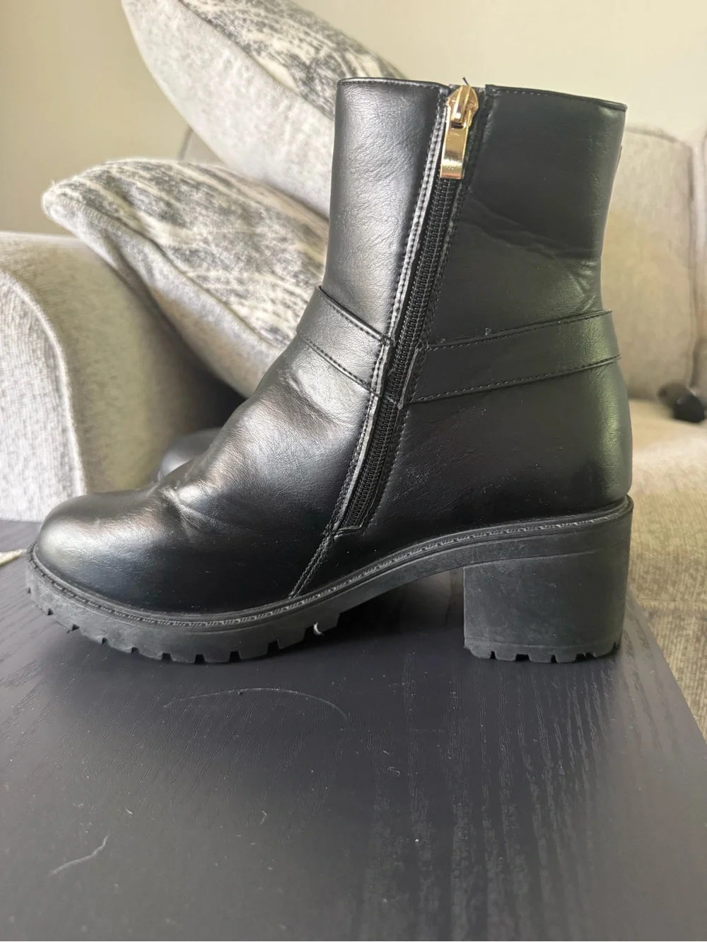 Black Leather Ankle Booties with Strap Accent